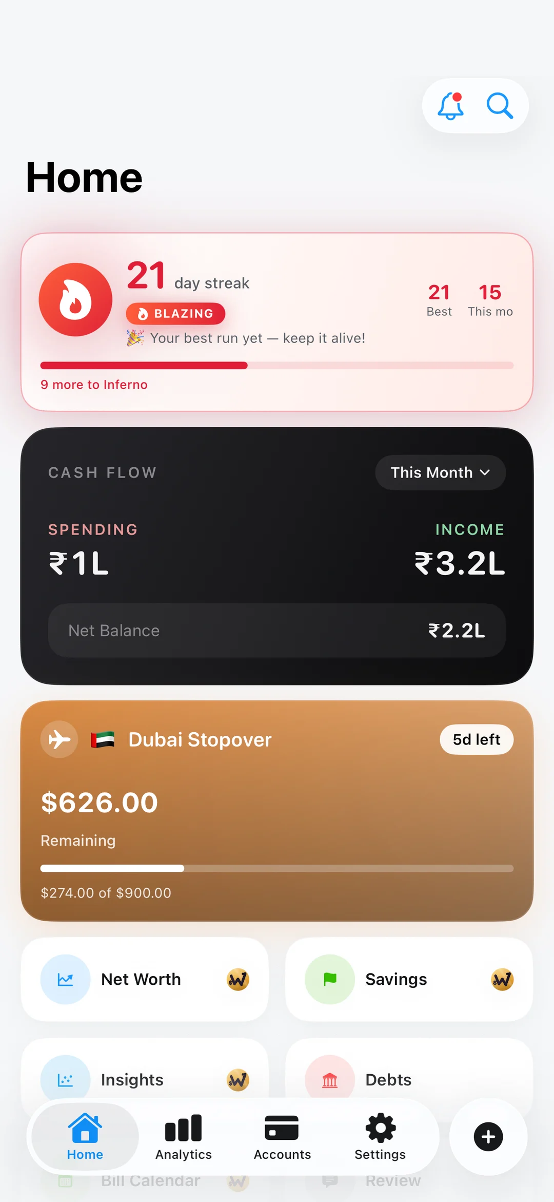 The WealthWise home screen: a 20-day logging streak, this month's cash flow, and an active trip to Dubai.