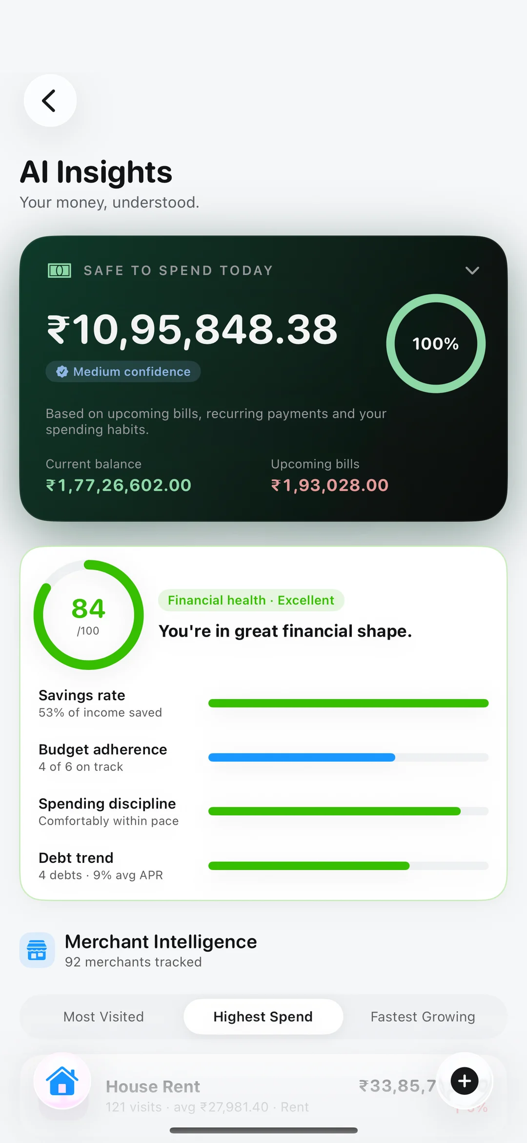 AI Insights: safe-to-spend for today, and a financial health score of 84 out of 100.